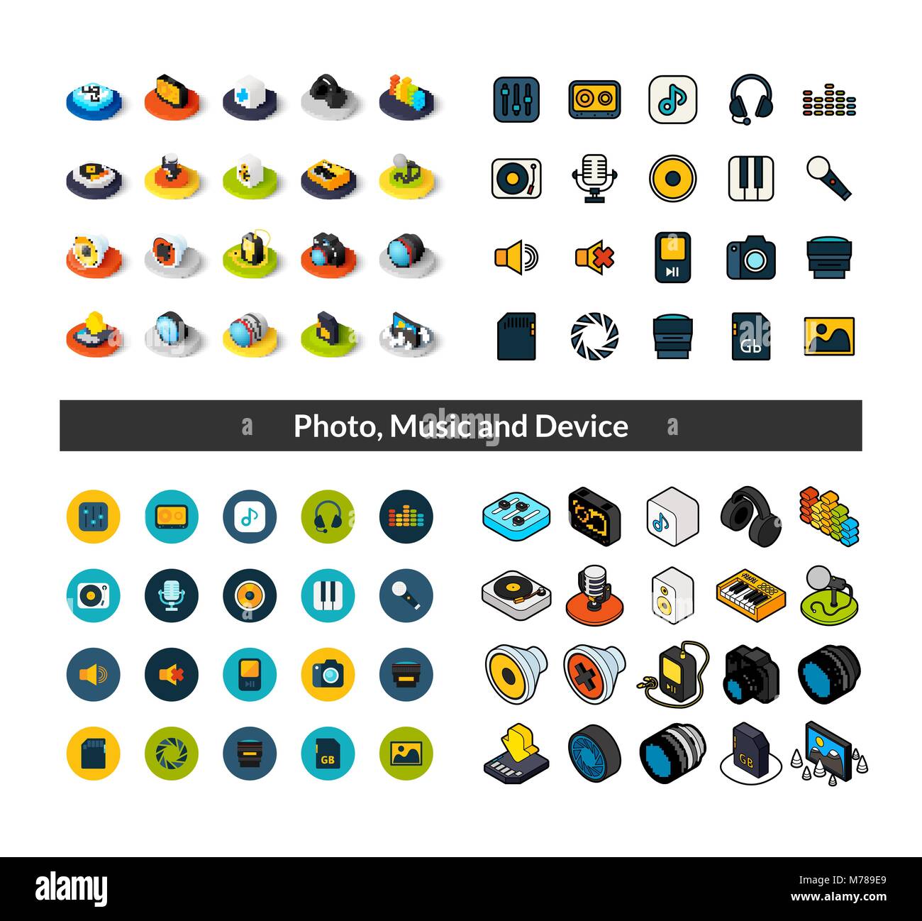 Set of icons in different style - isometric flat and otline, colored ...