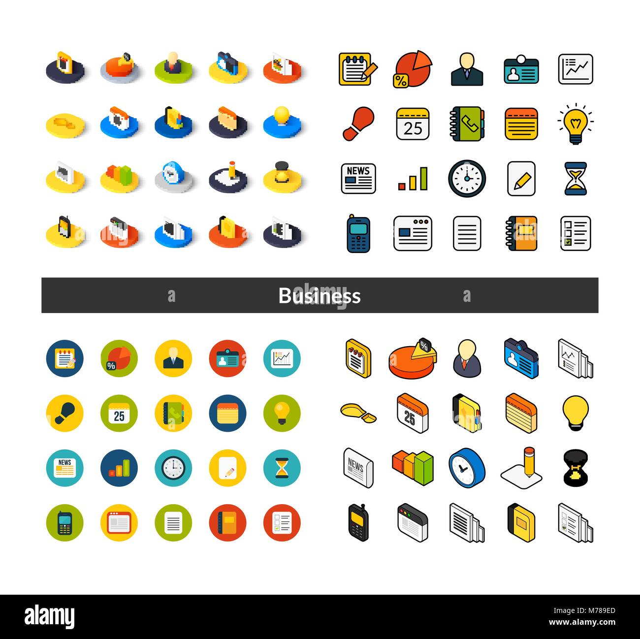 Set of icons in different style - isometric flat and otline, colored and black versions Stock Vector