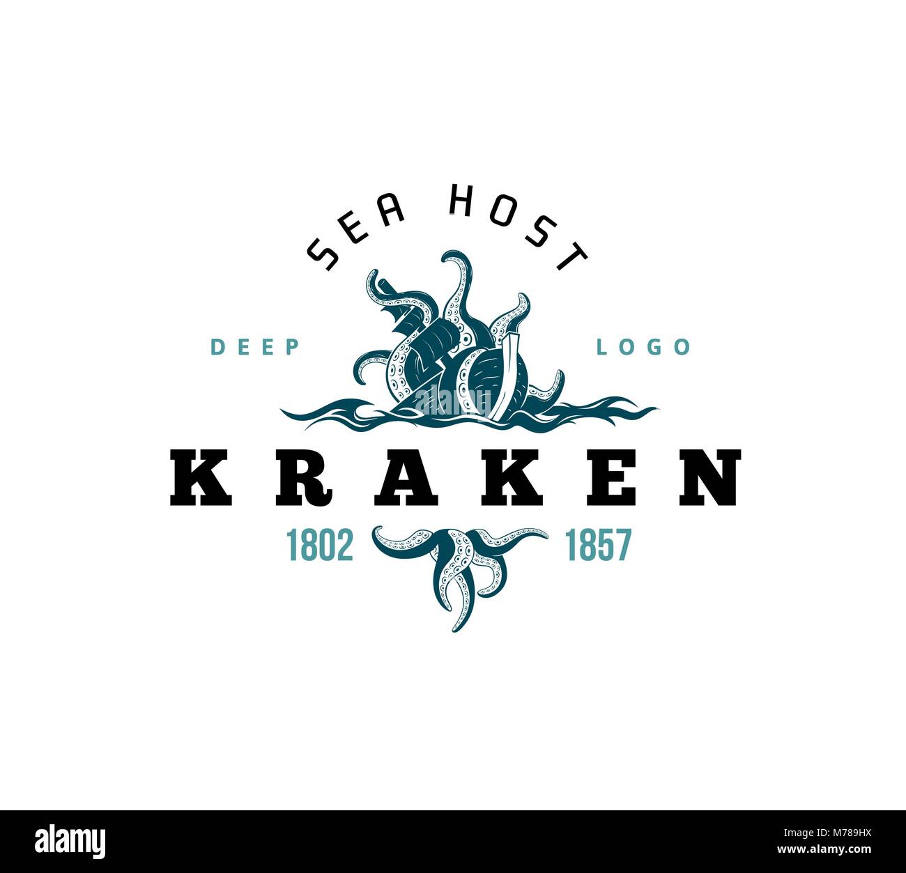 Giant evil kraken logo, silhouette octopus sea monster with tentacles Stock Vector