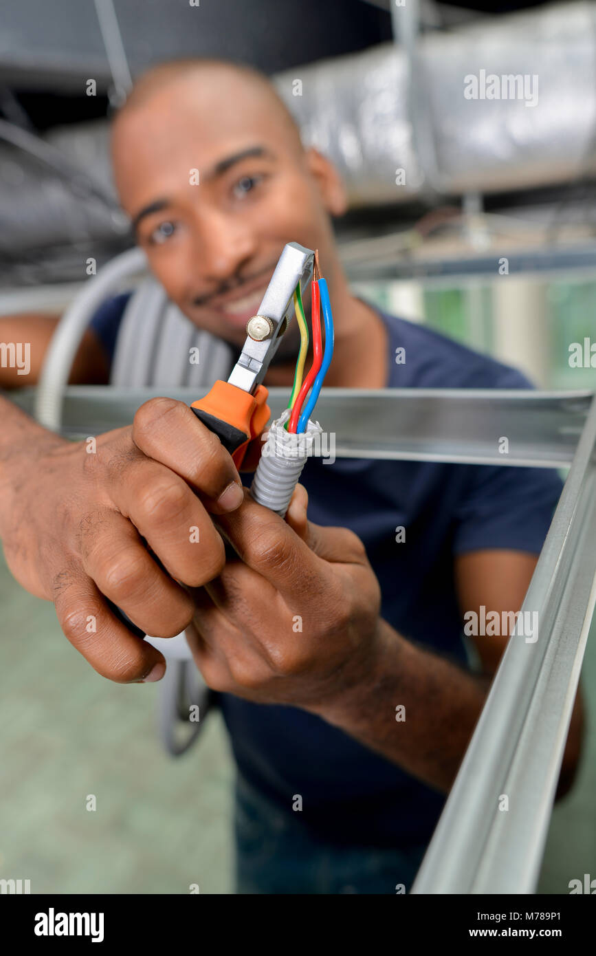 Electrician cutting wires Stock Photo Alamy