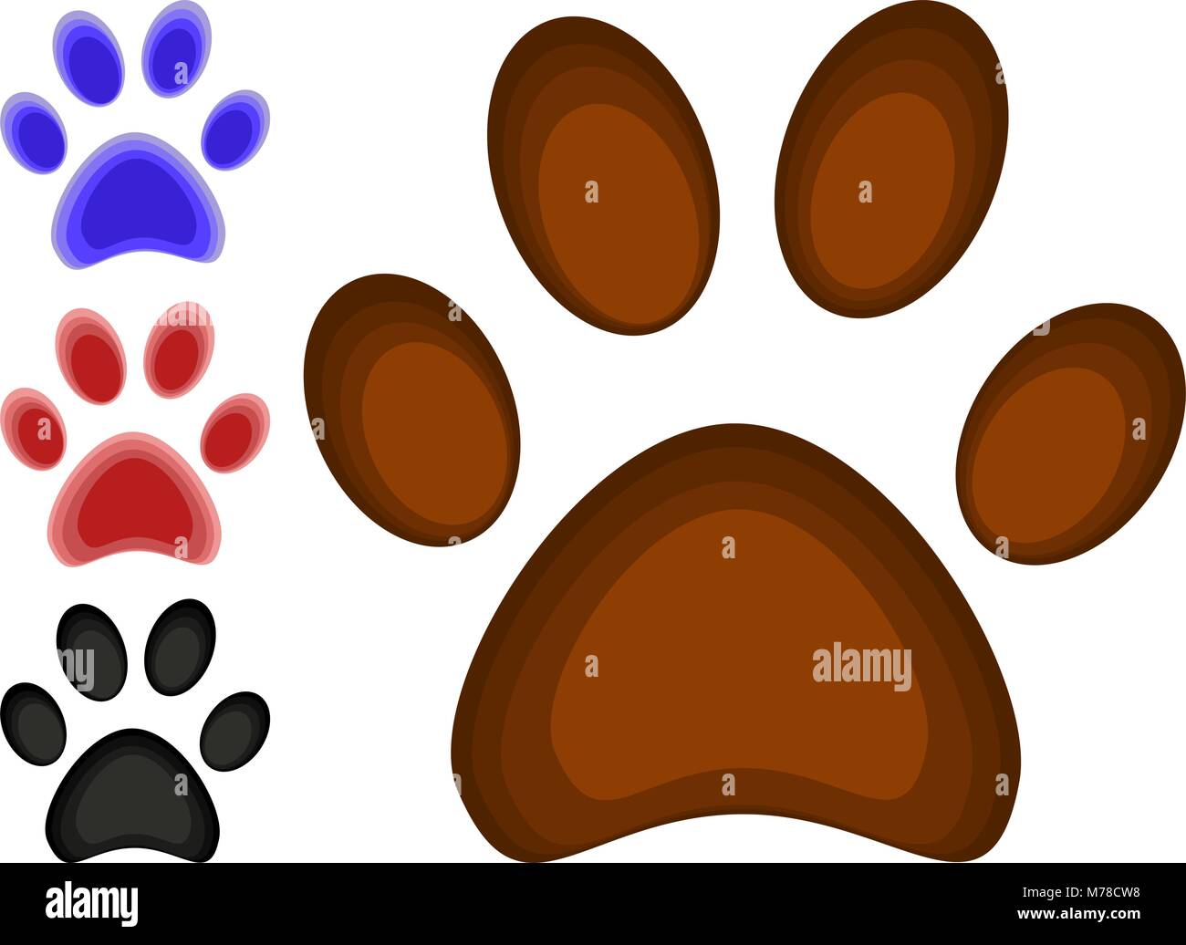 Colorful cartoon cat paw footprint icon set poster. Pet themed vector illustration for gift card, flyer, certificate or banner, icon, logo, patch, sti Stock Vector