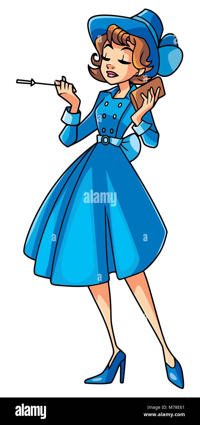 Full length illustration of an elegant woman wearing vintage blue dress and hat against white background for copy space. Stock Vector