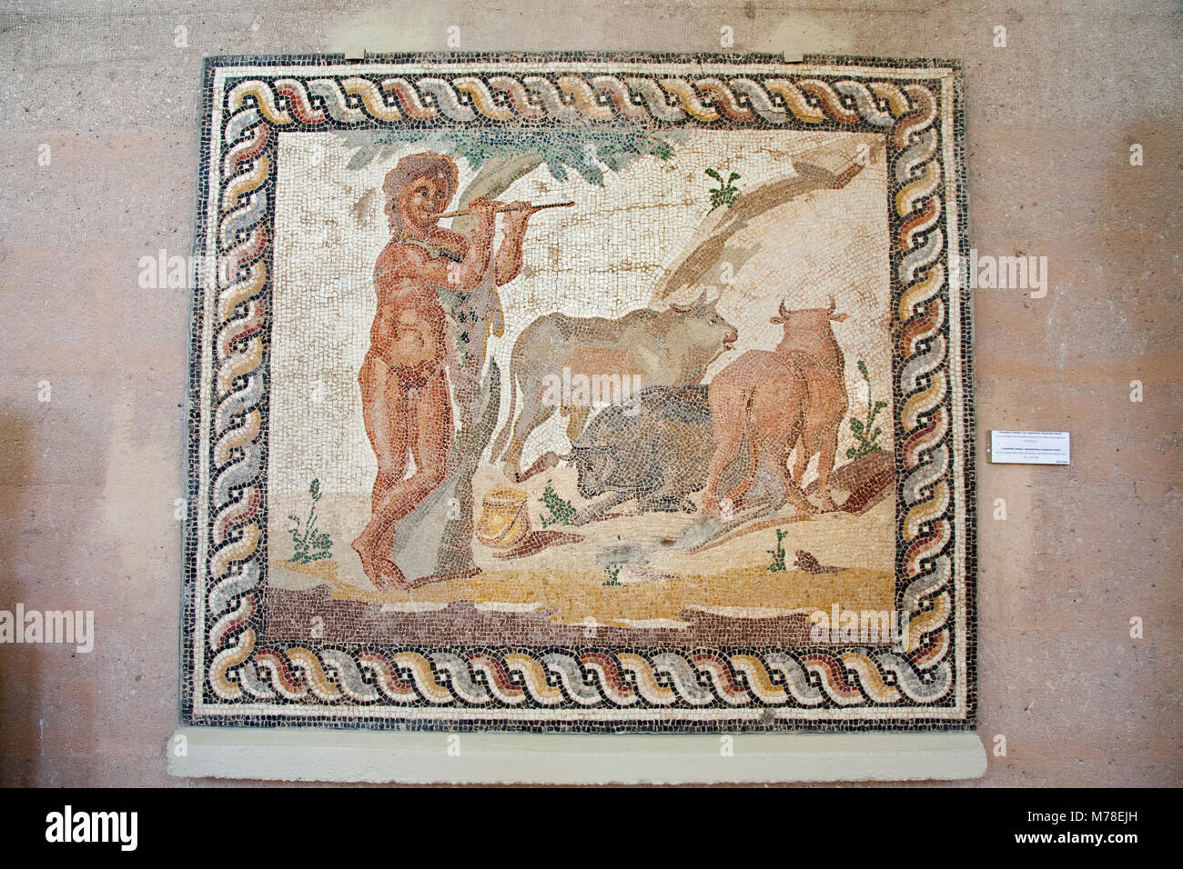 Europe, Greece, Peloponnese, ancient Corinth, Archaeological museum, mosaic from a floor of a roman villa representing a pastoral scene Stock Photo