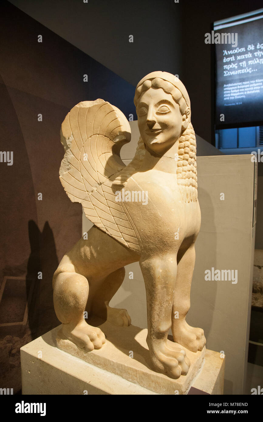 Europe, Greece, Peloponnese, ancient Corinth, archaeological site, Archaeological museum, marble funerary sphinx dated 575-550 B.C Stock Photo