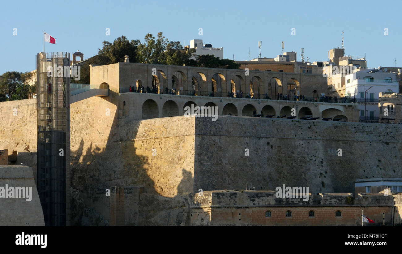 Central Valletta and the Saluting Battery as seen from Senglea Peninsula. Stock Photo