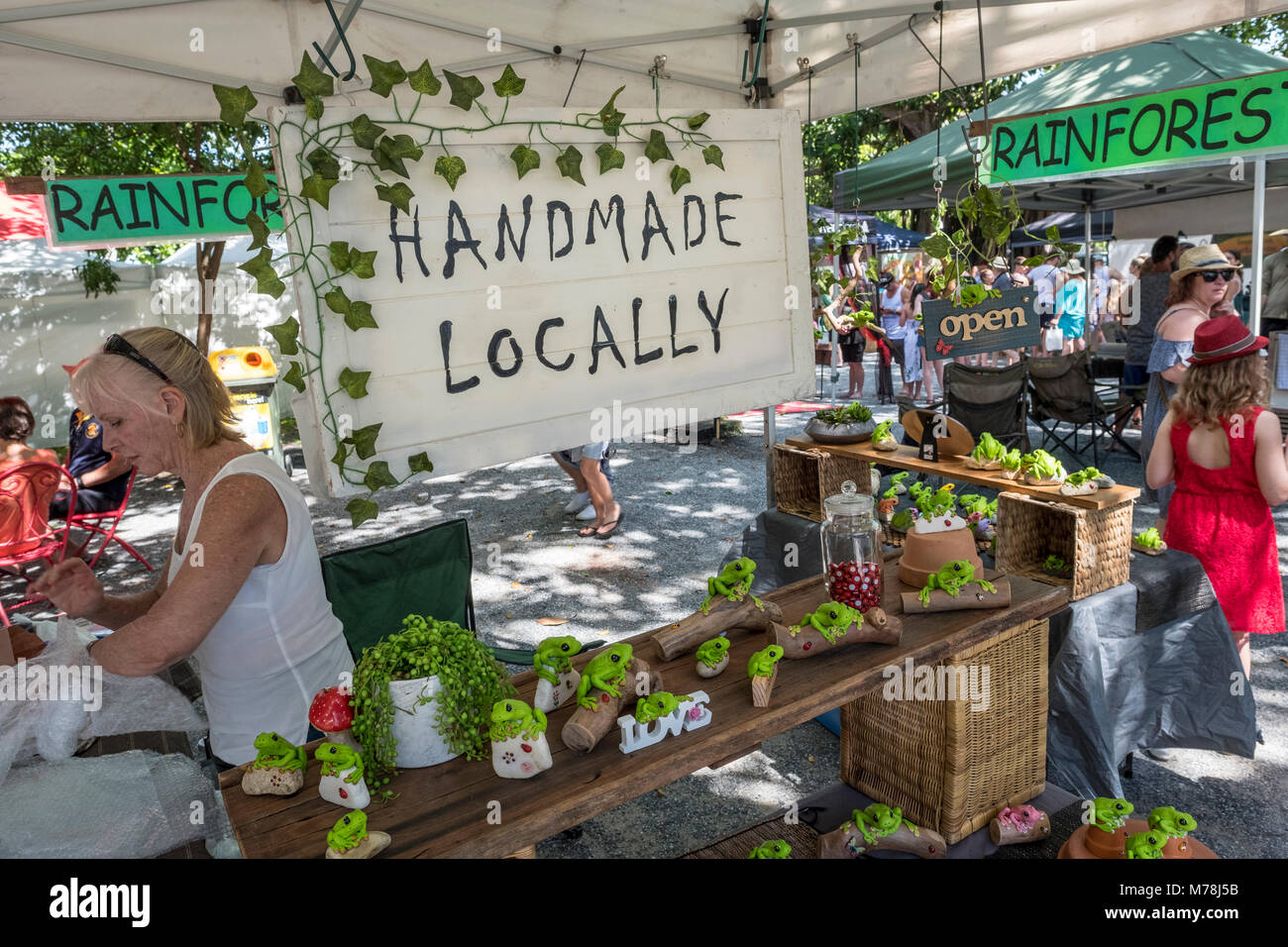 Rainforest frogs market stall at Port Douglas sunday market in Far
