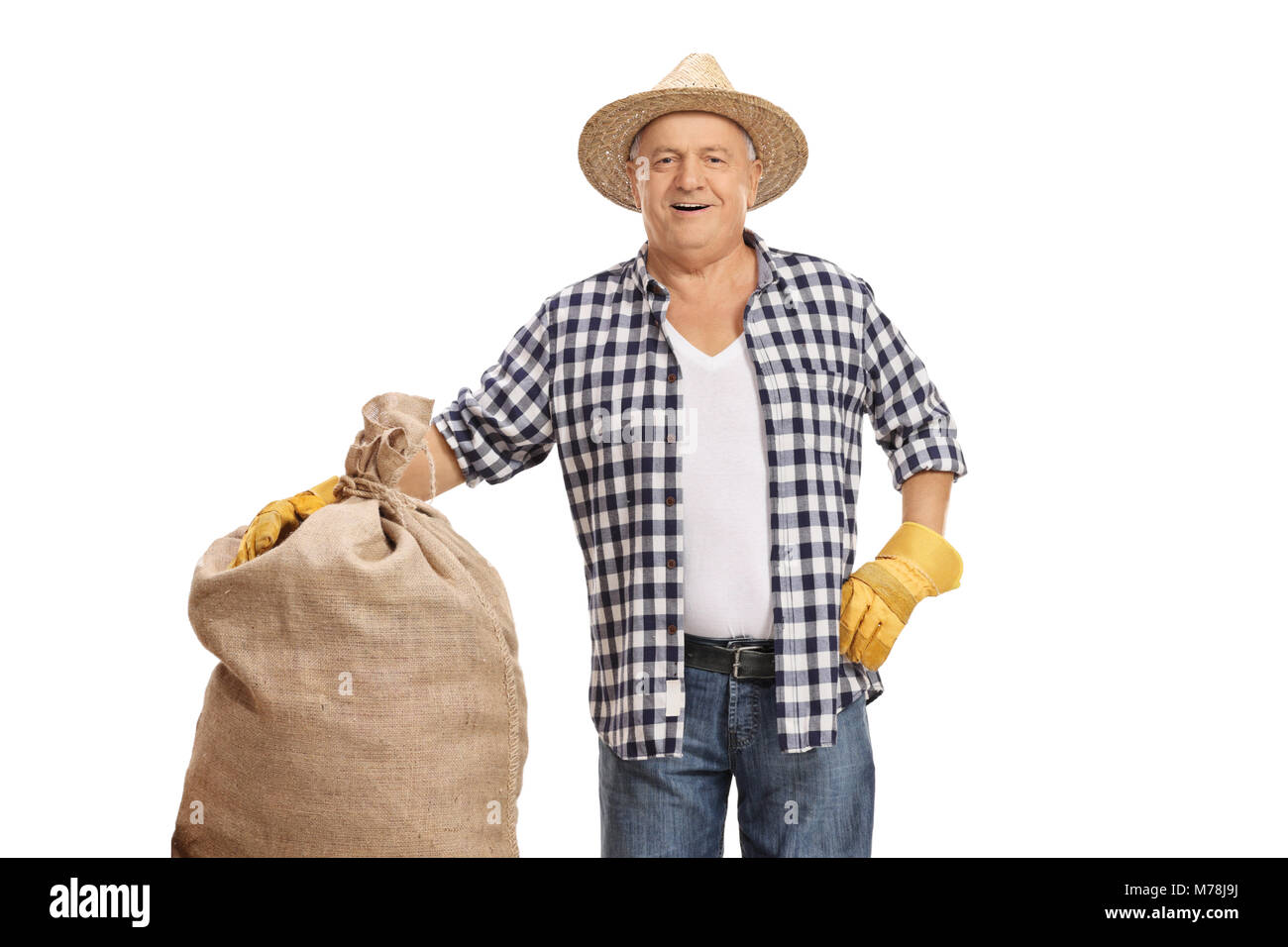 Elderly farmer with a burlap sack isolated on white background Stock ...