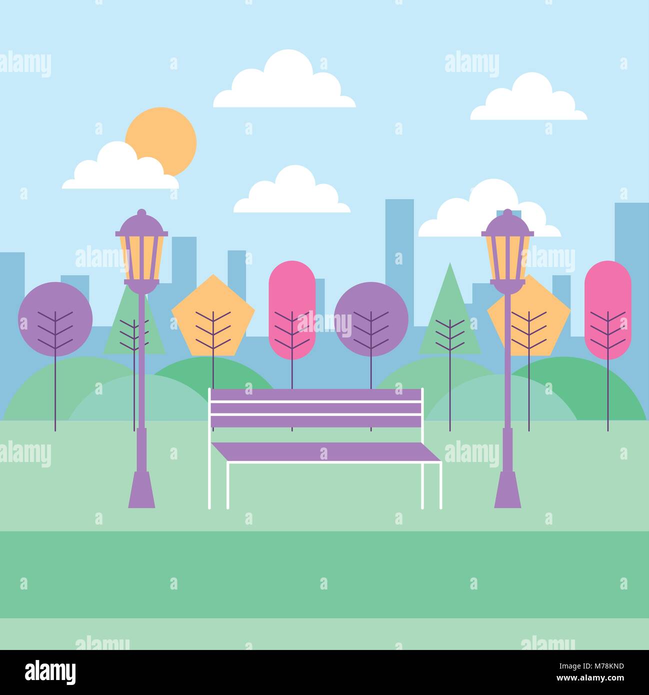 park bench lamp post trees and city background Stock Vector