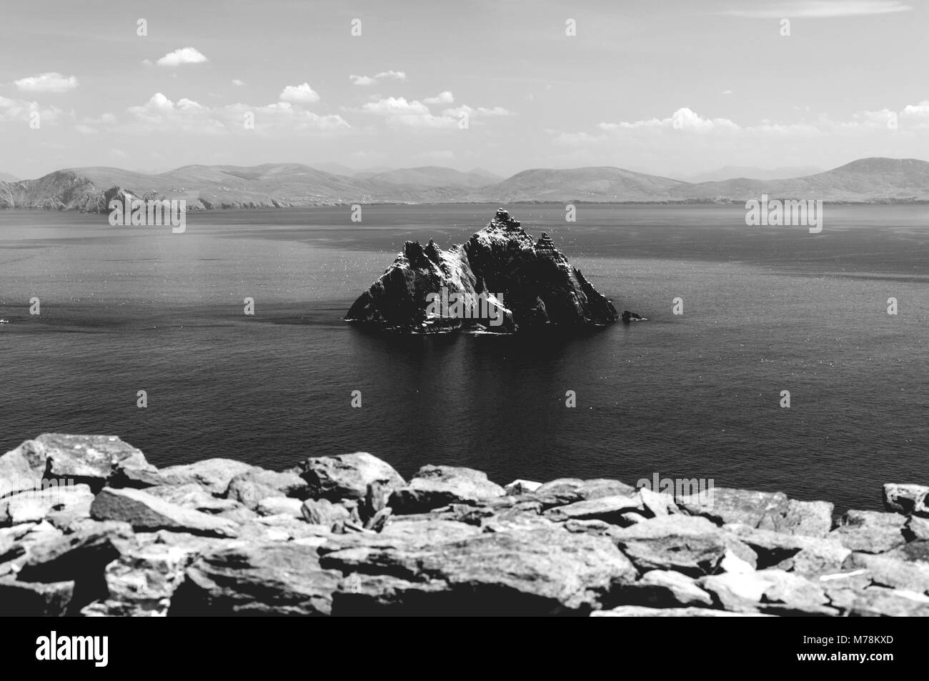 Black and white Skellig Michael, UNESCO World Heritage Site, Kerry, Ireland. Star Wars The Force Awakens Scene filmed on this Island. Stock Photo