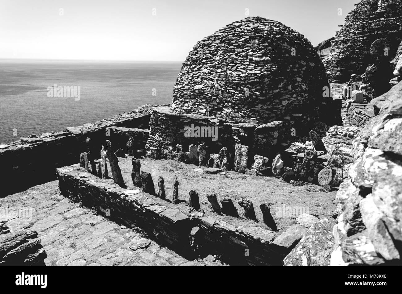 Black and white Skellig Michael, UNESCO World Heritage Site, Kerry, Ireland. Star Wars The Force Awakens Scene filmed on this Island. Stock Photo