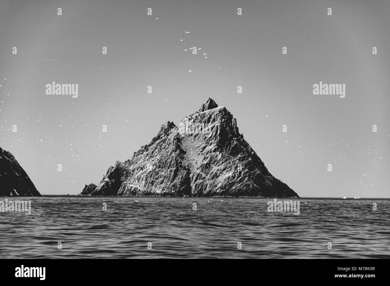 Black and white Skellig Michael, UNESCO World Heritage Site, Kerry, Ireland. Star Wars The Force Awakens Scene filmed on this Island. Stock Photo