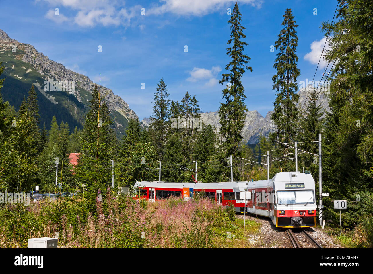 High Tatras, Slovakia - August 27, 2015: Tatra Electric Railways (TEZ-TER) train (also known as 'Tatra tram') arrives to Popradske Pleso stop in High  Stock Photo