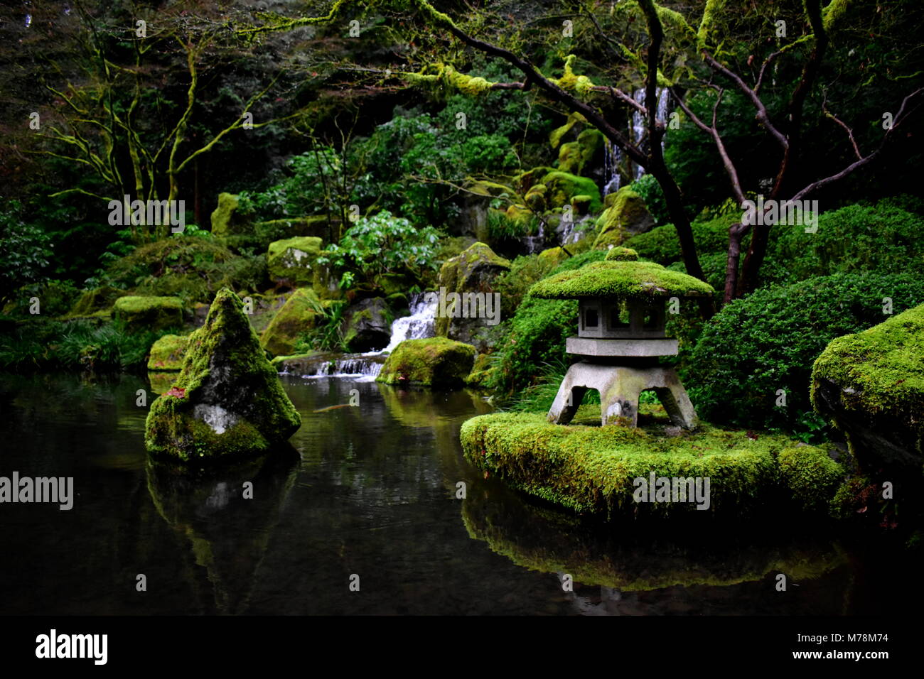 Flowing Waterfall at Portland Japanese Zen Garden Pond Stock Photo