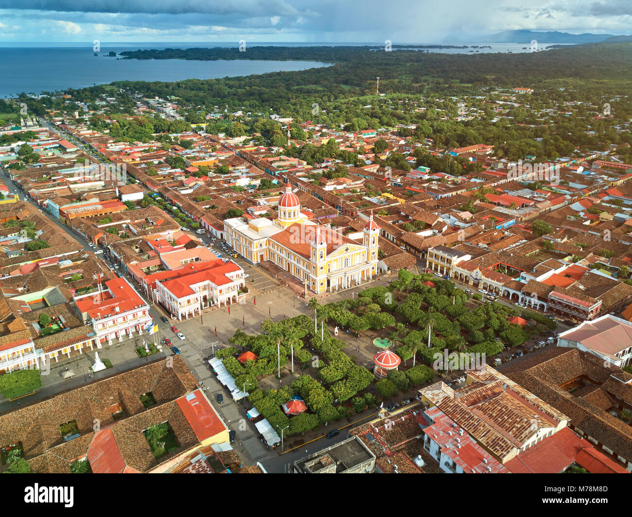View from sky on Granada city. Aerial cityscape of tourist town in Nicaragua Stock Photo