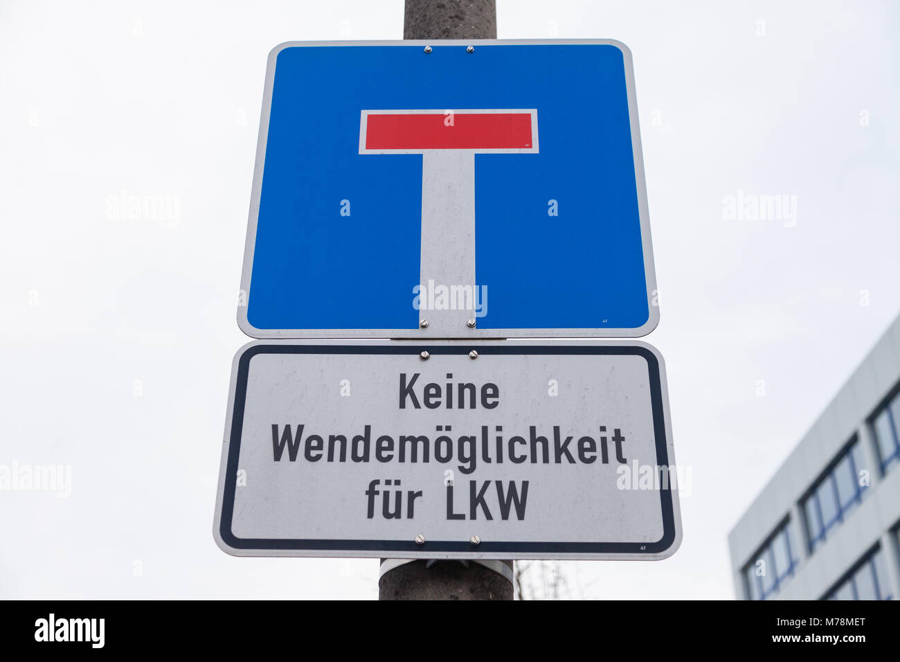 German No through road traffic sign. Keine Wendemoeglichkeit fuer LKW means, no possibility to turn around trucks Stock Photo