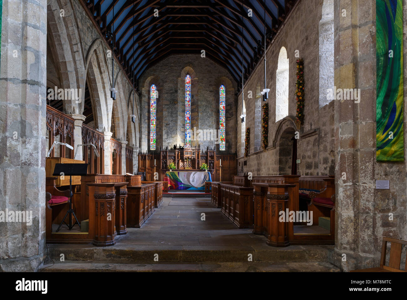 Interior view looking towards the altar of  of St Andrew's Parish Church, Corbridge Stock Photo