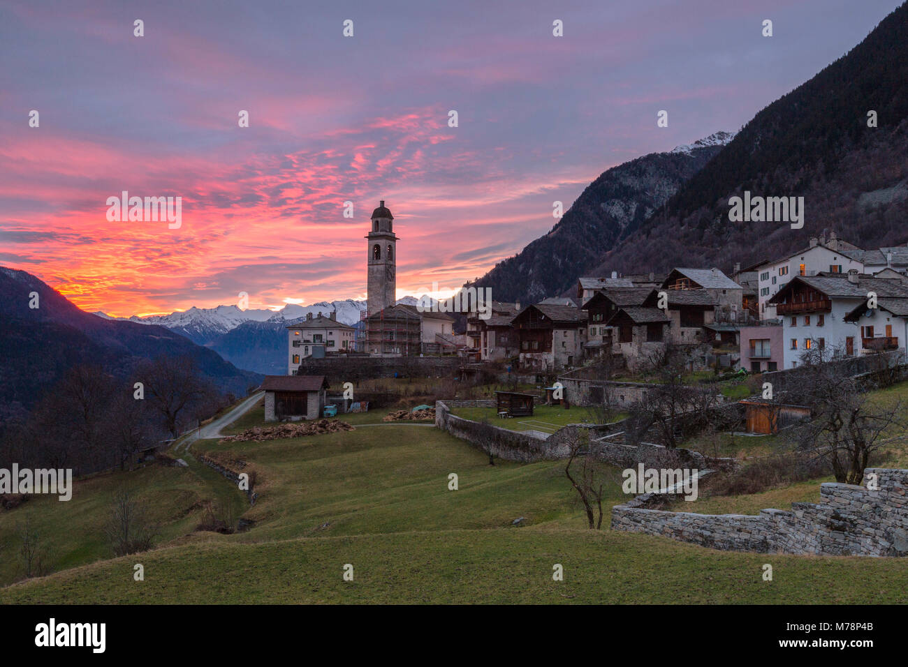 Sunset over the alpine village of Soglio, Bregaglia Valley, Maloja Region, Canton of Graubunden (Grisons), Switzerland, Europe Stock Photo
