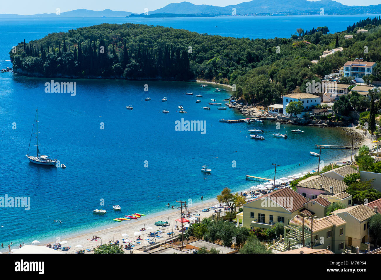 Overlook over the bay of Kalami, Corfu, Ionian Islands, Greek Islands, Greece, Europe Stock Photo