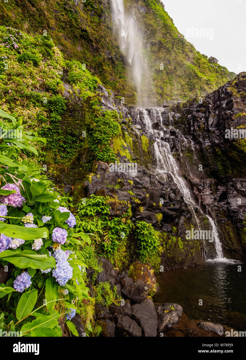 Poco do Bacalhau Waterfall, Faja Grande, Flores Island, Azores, Portugal, Atlantic, Europe Stock Poco do Bacalhau Waterfall, Faja Grande, Flores Island, Azores, Portugal, Atlantic, Europe Stock