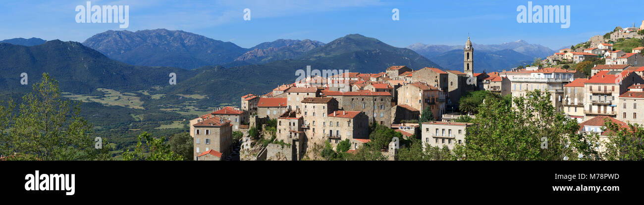 Sartene, panoramic view of town with mountains behind, Corsica, France, Europe Stock Photo