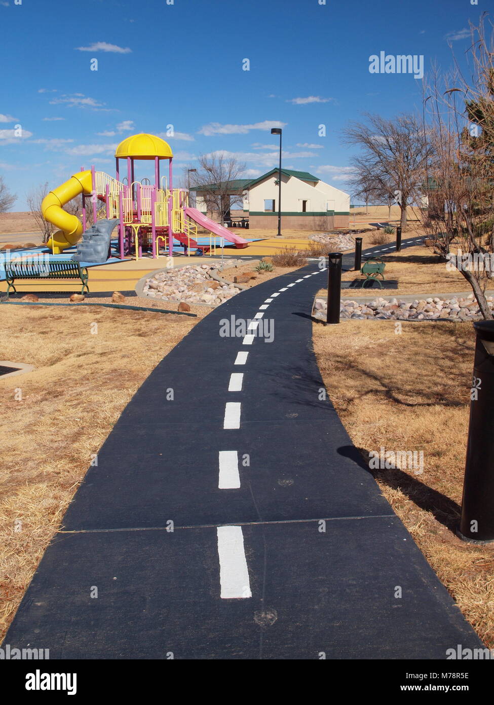 Rest area in East Texas built to replicate the old Route 66 with striped sidewalks. Stock Photo