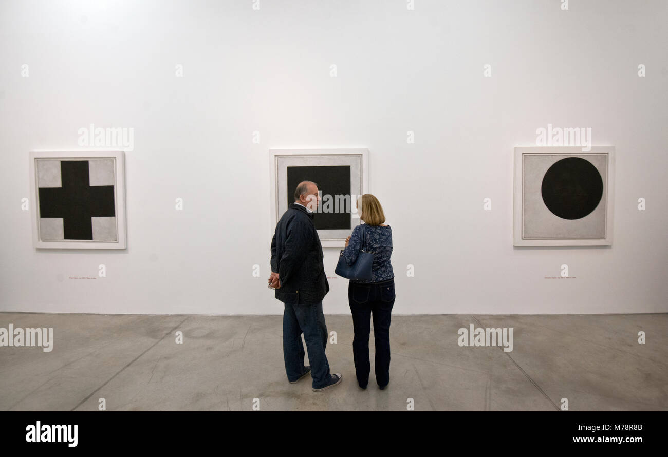 Kazimir Malevich exhibition: Black Cross, Black Square and Black Circle Stock Photo