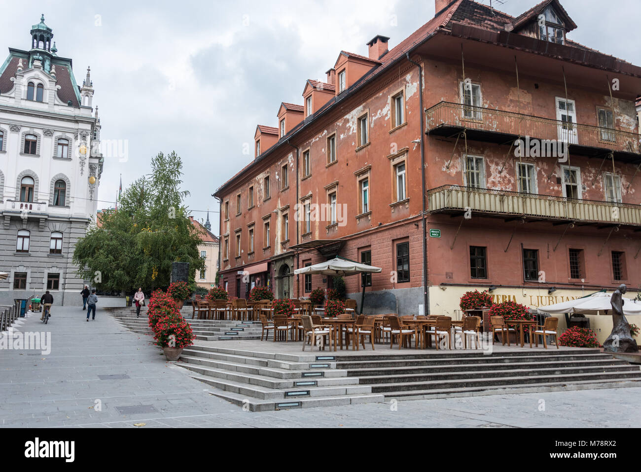Restaurant and Square at Dvorni Trg, Ljubljana, Slovenia Stock Photo