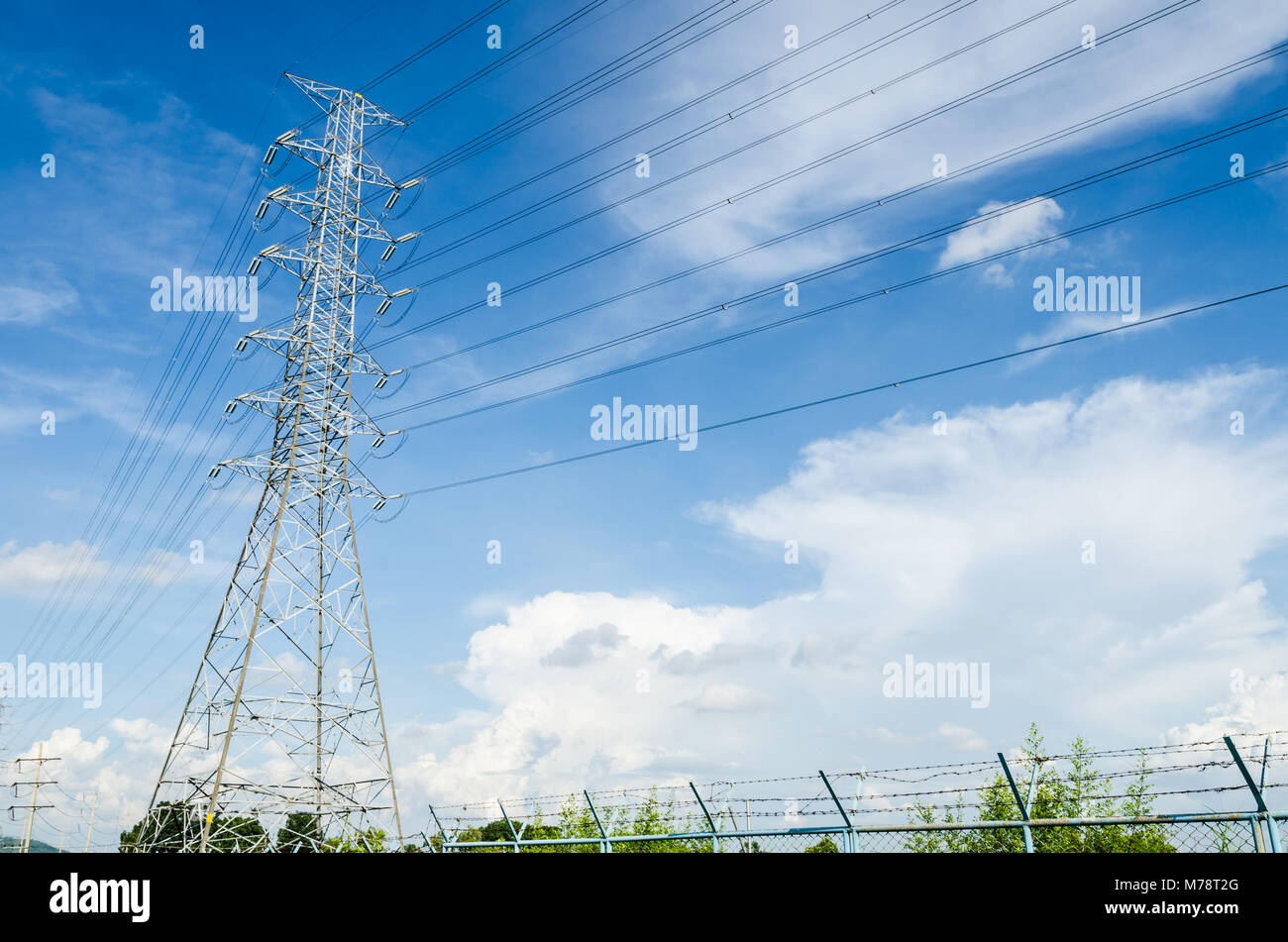 High voltage power pole with Blue Sky field in Estates Zone Stock Photo ...