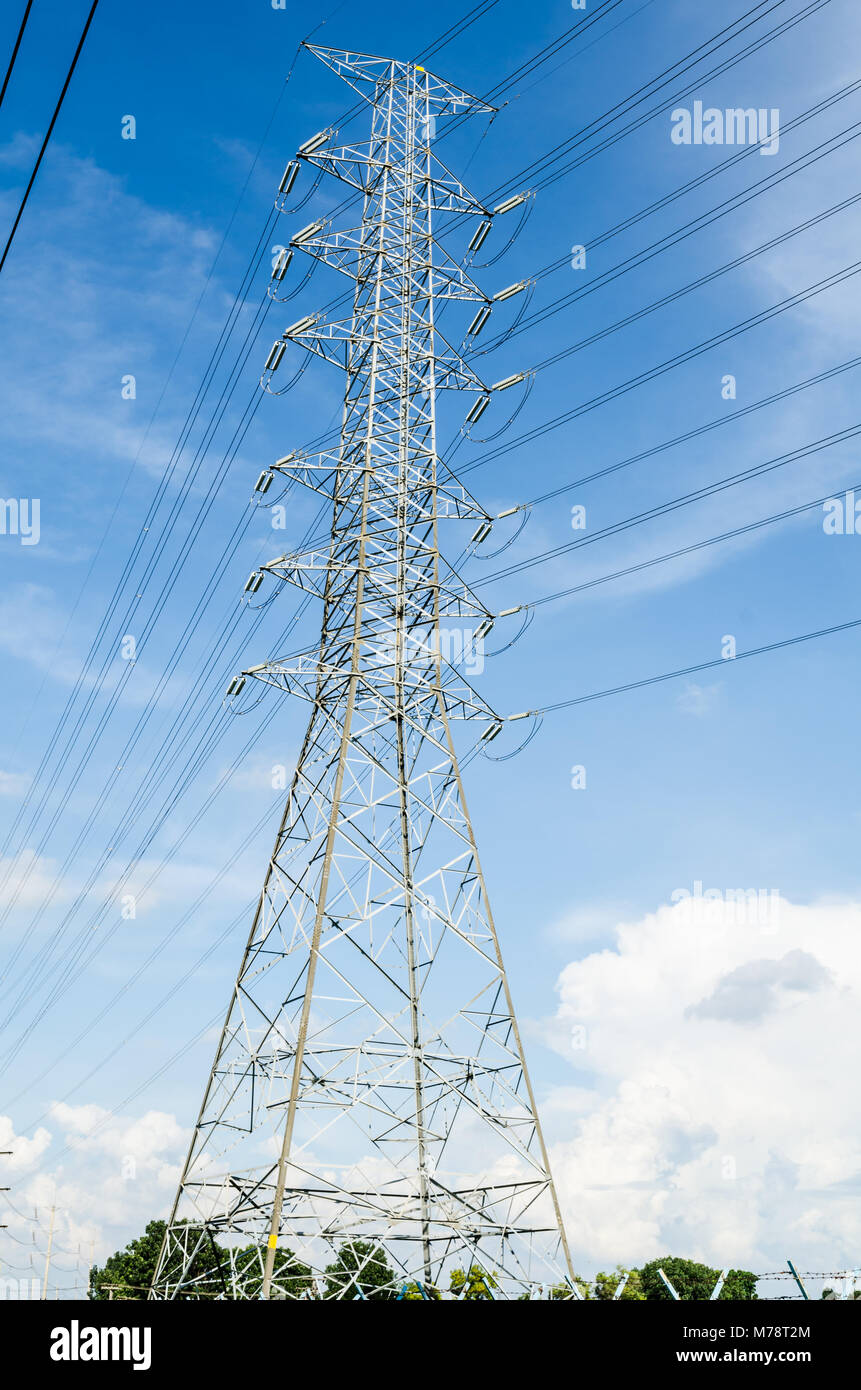 High voltage power pole with Blue Sky field in Estates Zone Stock Photo ...