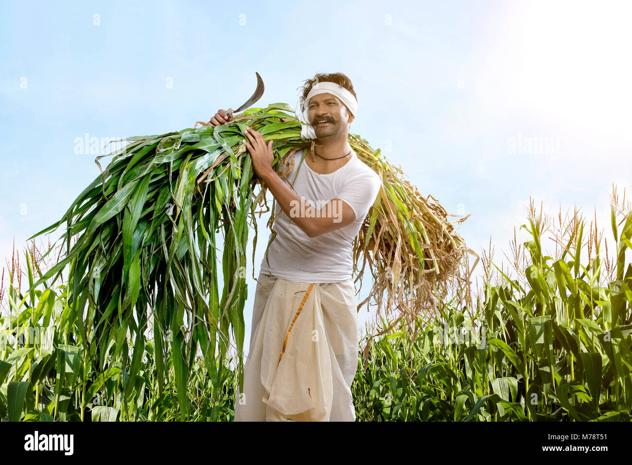 Farmer holding sickle and crops Stock Photo