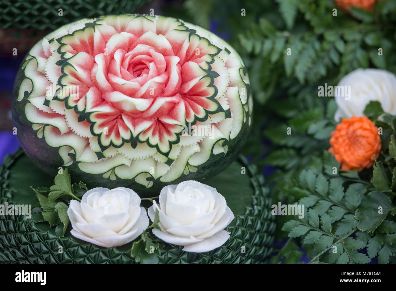 thai food carving at the Loy Krathong festival at the Santichaiparakan park in Banglamphu in the city of Bangkok in Thailand.  Thailand, Bangkok, Nove Stock Photo