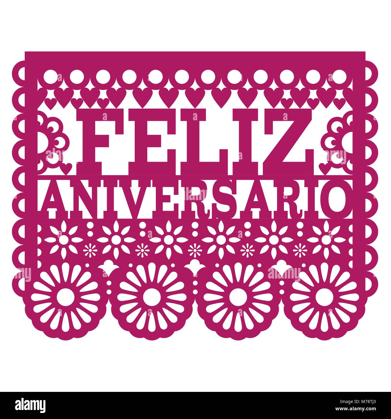 Feliz Aniversario Papel Picado vector design - Happy Anniversary greeting card, Mexican folk art paper banner Stock Vector