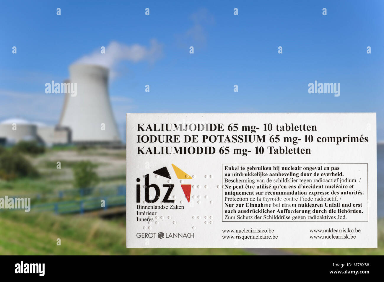 Doel nuclear power plant and iodide tablets to protect Belgian residents from radioactive fall-out in the event of an accident or leak in Belgium Stock Photo
