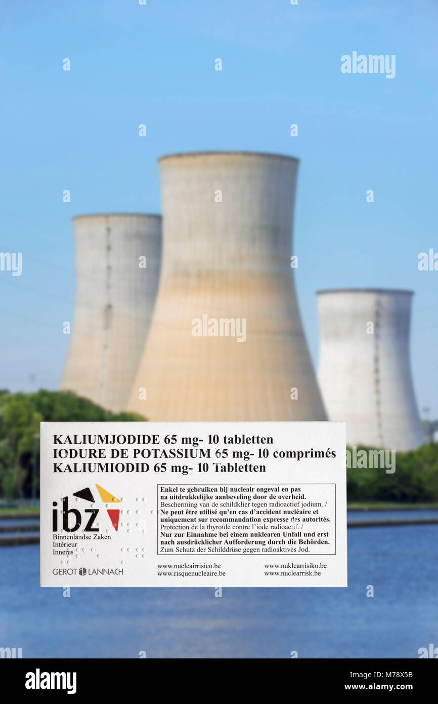 Tihange nuclear power plant and iodide tablets to protect Belgian residents from radioactive fall-out in the event of an accident or leak in Belgium Stock Photo