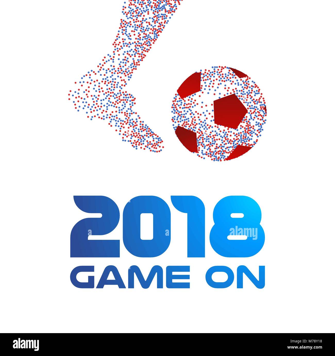 Soccer player kicking ball made of colorful dots with 2018 game typography quote. Ideal for football match or sport event. EPS10 vector. Stock Vector