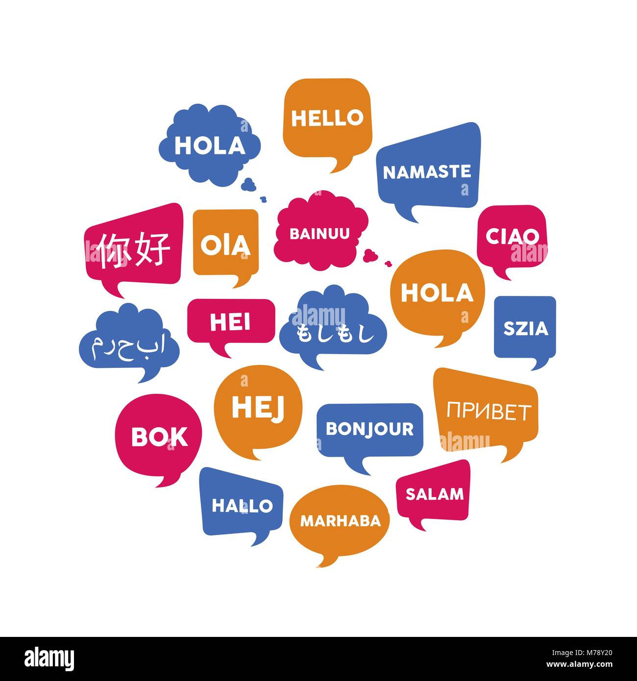 Chat bubbles with the word hello in different foreign languages, concept illustration for translation idea or international communication. EPS10 vecto Stock Vector