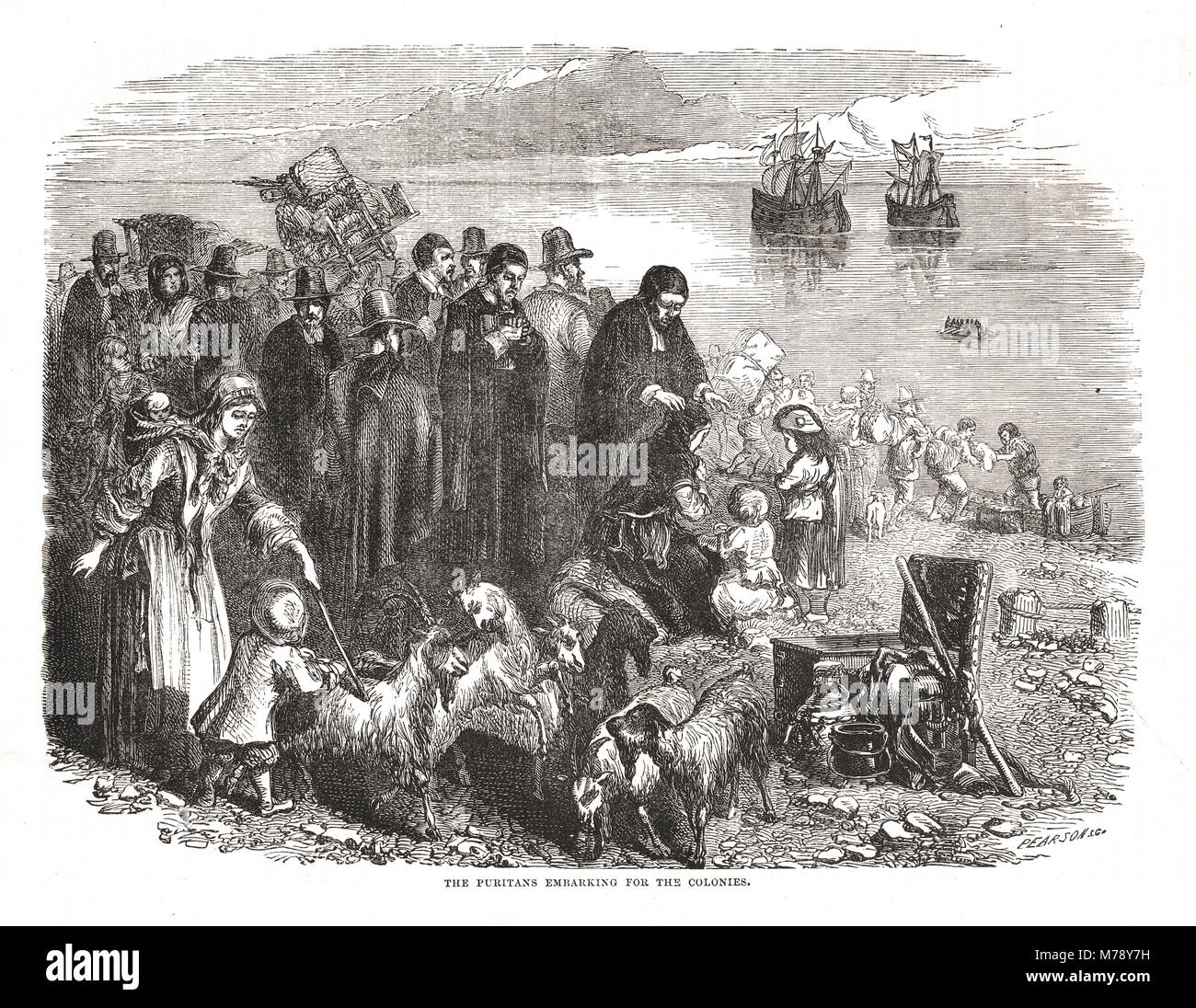 Puritans embarking for the New England colonies, 17th Century Stock Photo