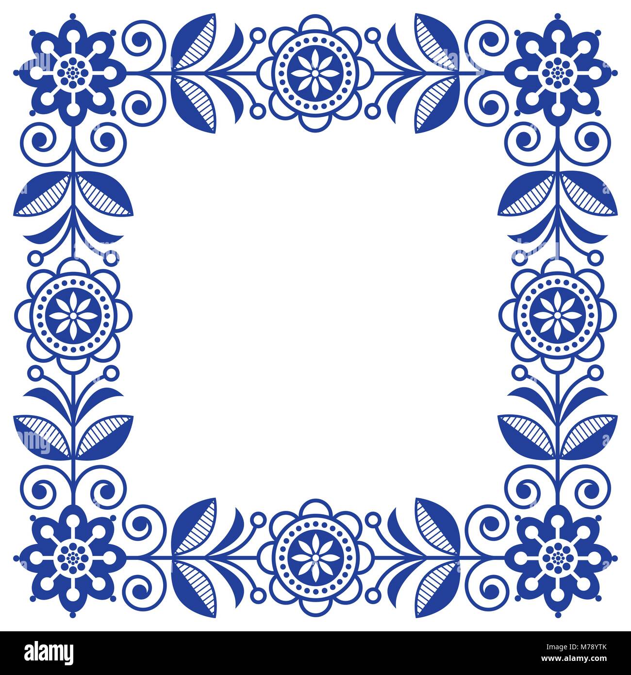 Scandinavian folk art vector frame, cute floral border, square pattern with navy blue flowers - invitation, greetings card Stock Vector
