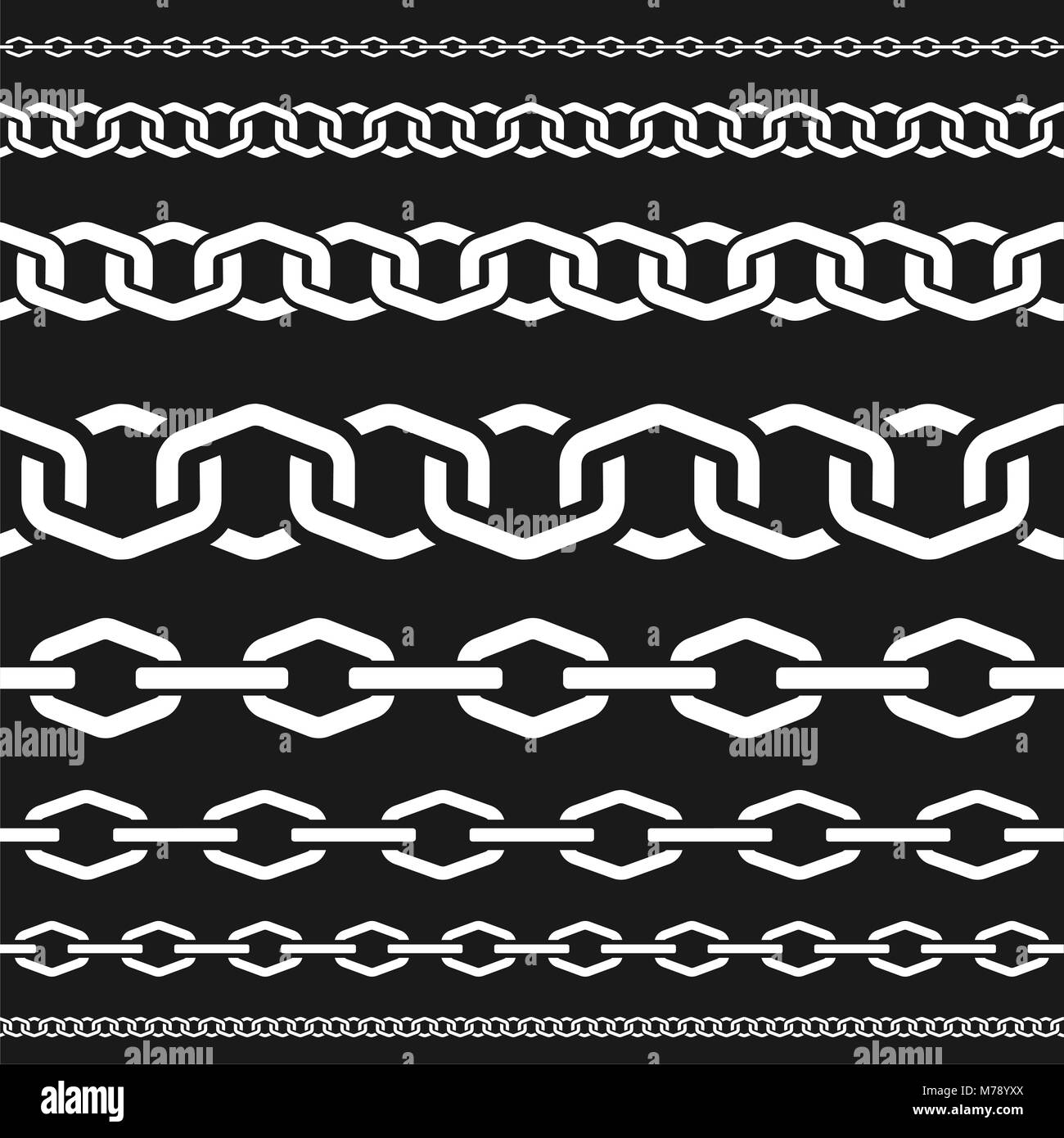 Different scale chains, protection seamless pattern, fencing white vector design element silhouette vector illustration on black background. Stock Vector