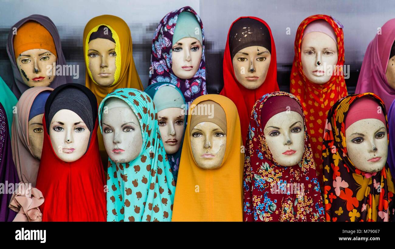 Female mannequins with colorfull headscarfs Stock Photo