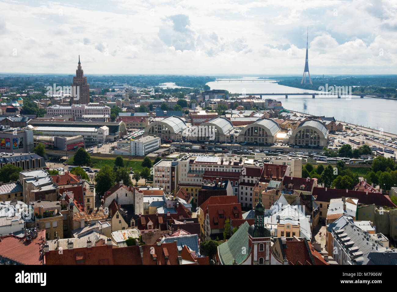 Aerial view of Old Town and Daugava River from Saint Peter's Church. Riga, Latvia Stock Photo