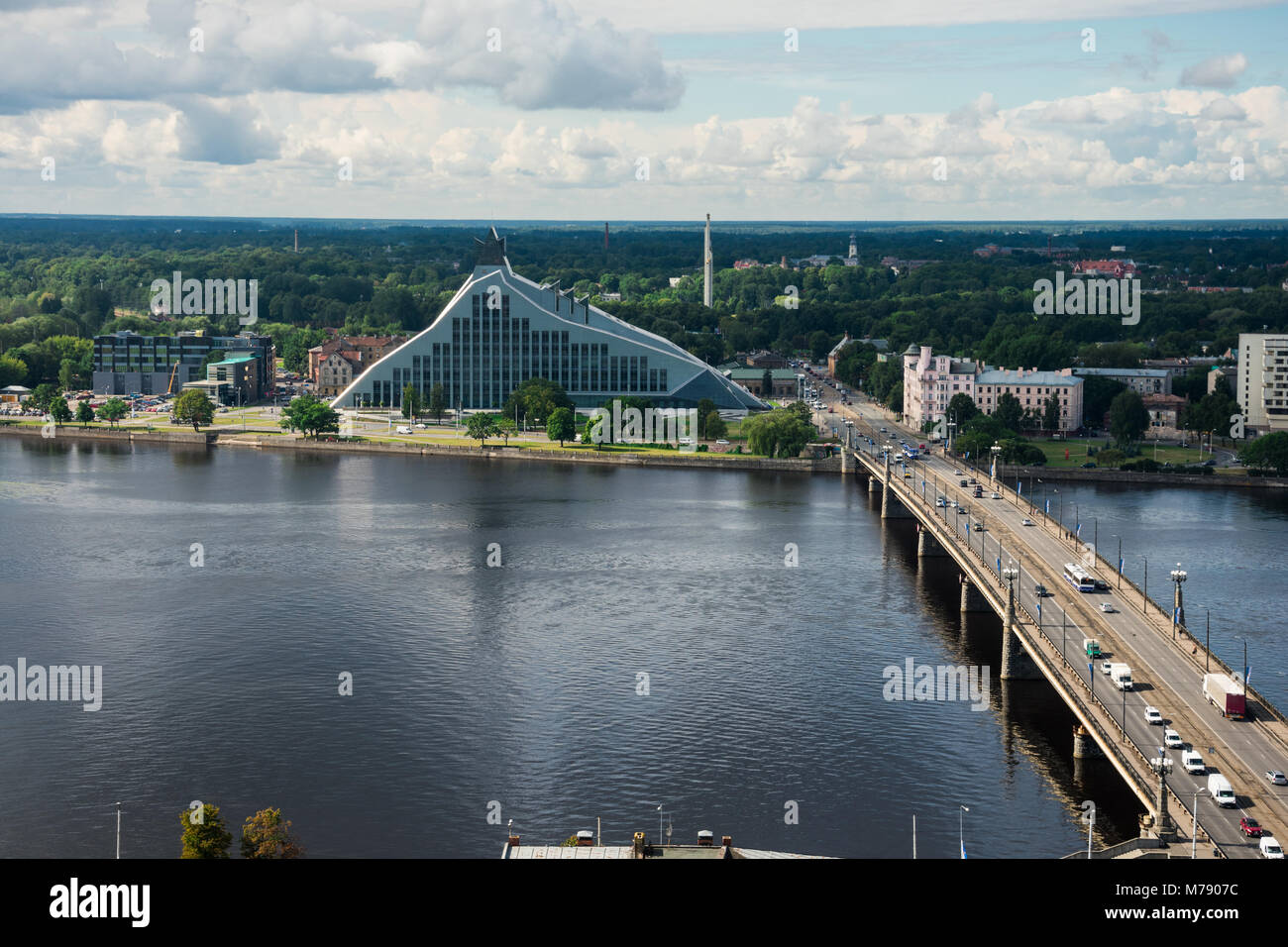 Aerial view of Daugava River and National Library of Latvia from Saint Peter's Church. Riga, Latvia Stock Photo