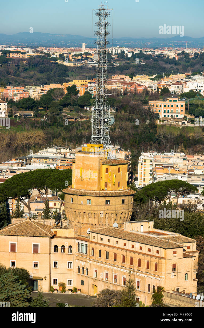 Administration building and radio masts at Vatican City for Vatican radio broadcasting, Rome, Lazio, Italy. Stock Photo