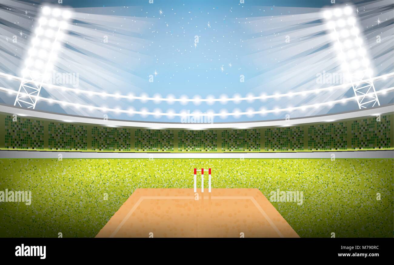 Cricket Stadium with Spotlights. Vector Illustration. Stock Vector