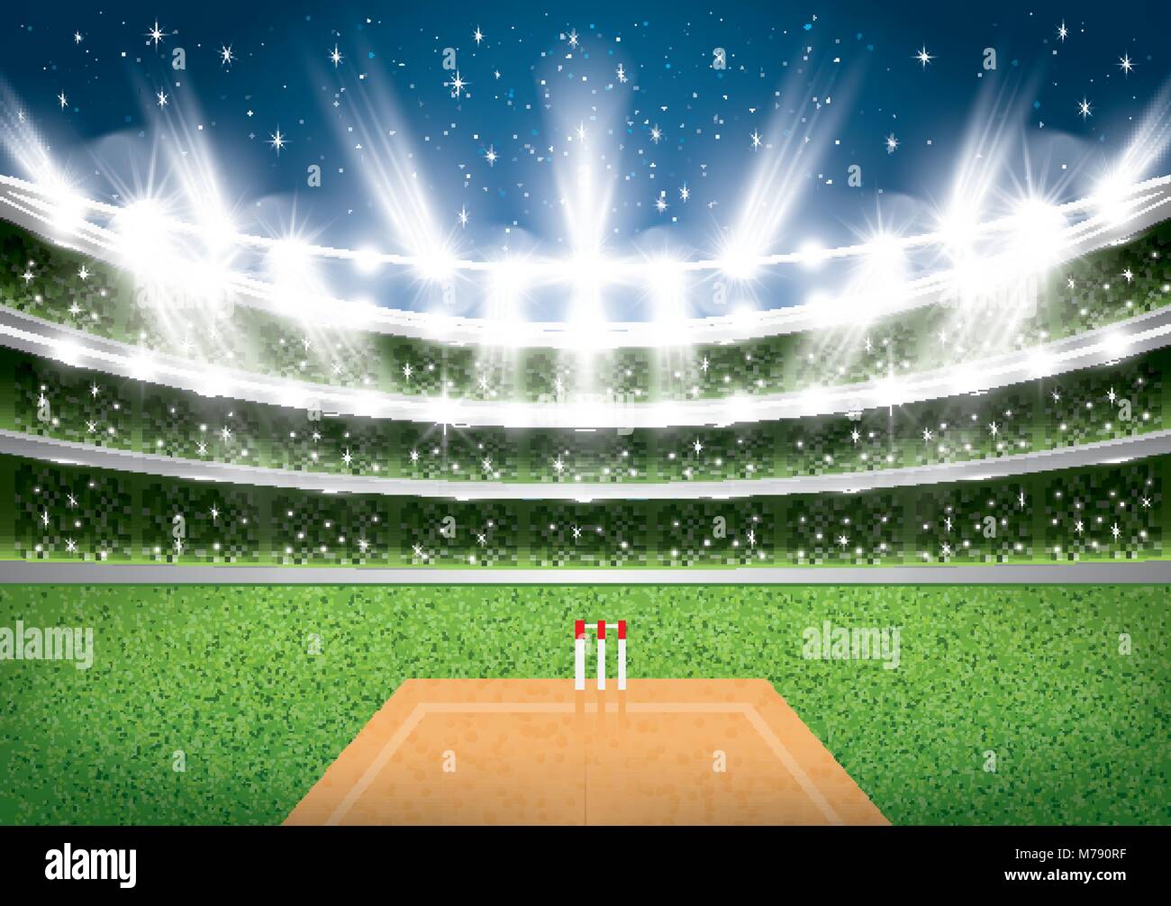 Cricket Stadium with Spotlights. Vector Illustration. Stock Vector