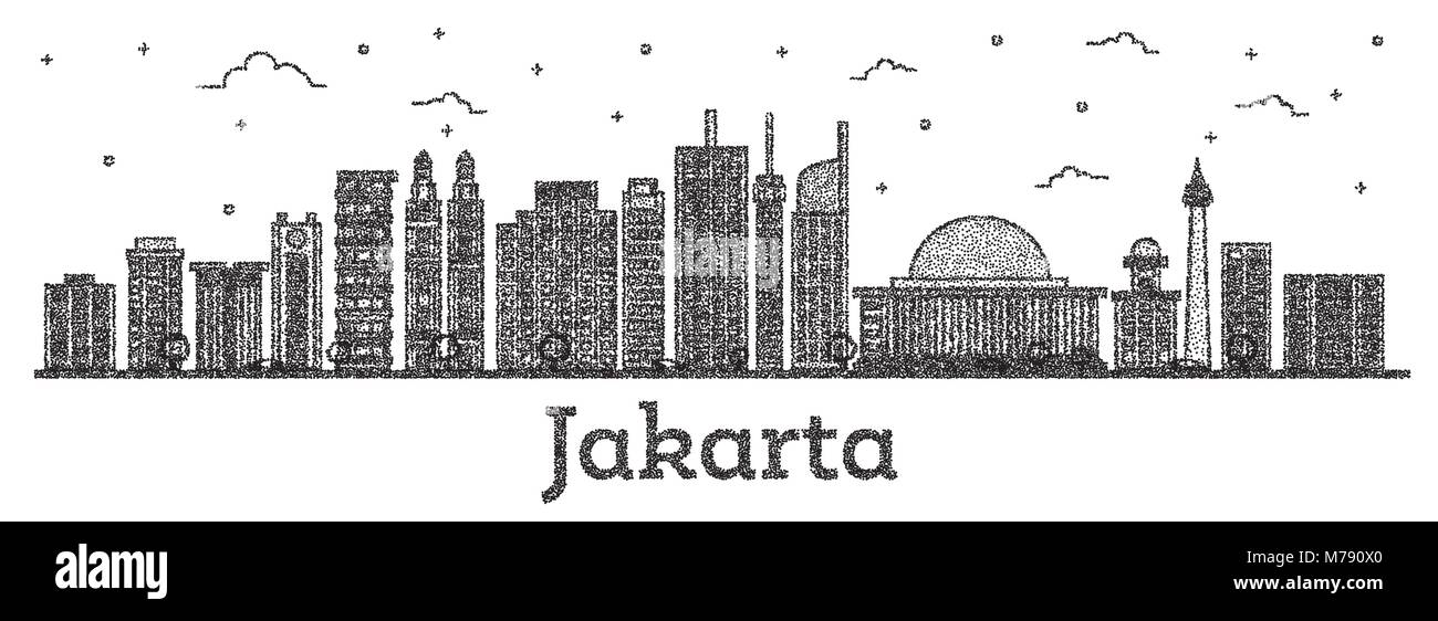 Engraved Jakarta Indonesia City Skyline with Modern Buildings Isolated on White. Vector Illustration. Jakarta Cityscape with Landmarks. Stock Vector