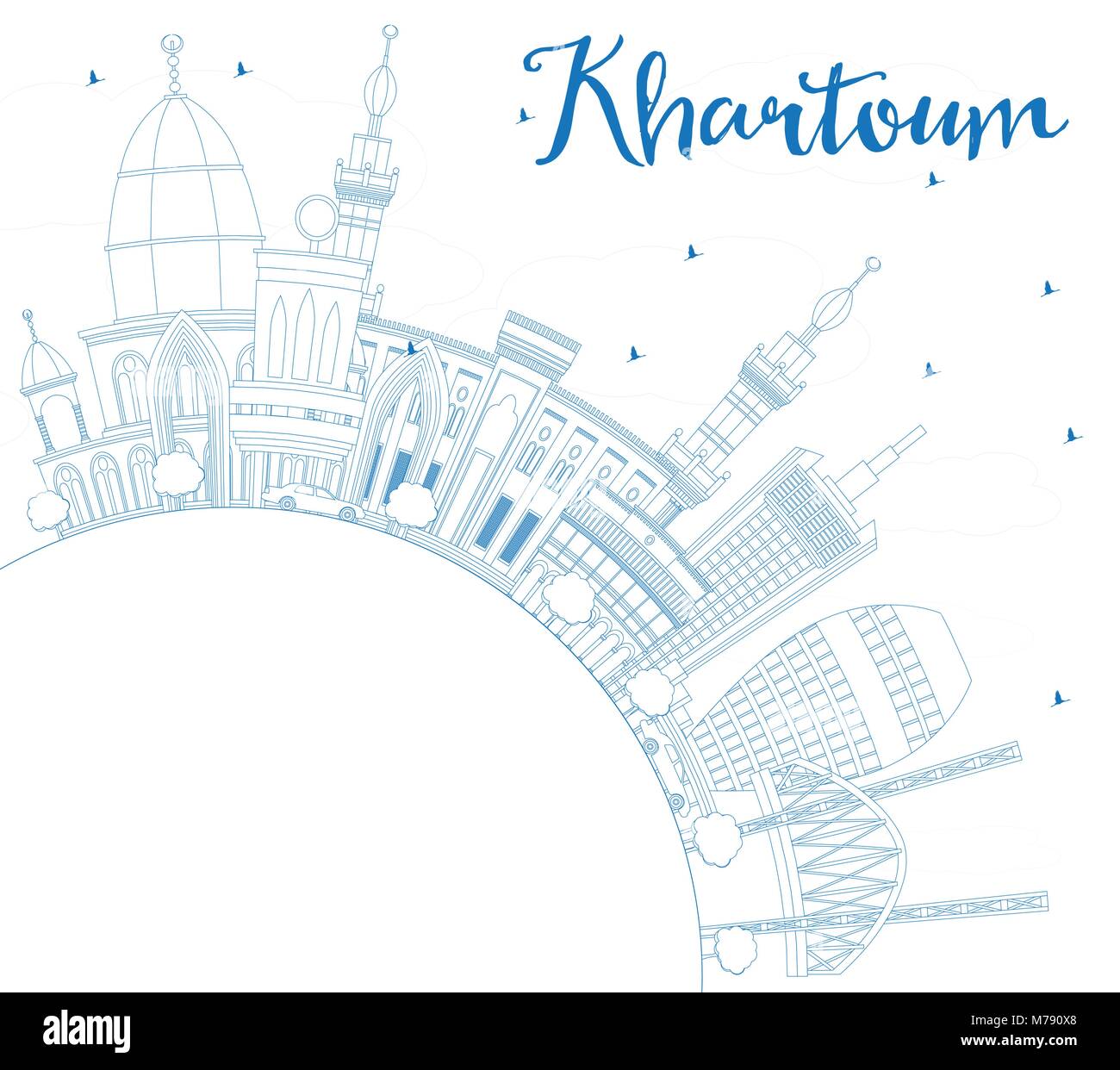 Outline Khartoum City Skyline with Blue Buildings and Copy Space. Vector Illustration. Business Travel and Tourism Concept with Historic Architecture. Stock Vector
