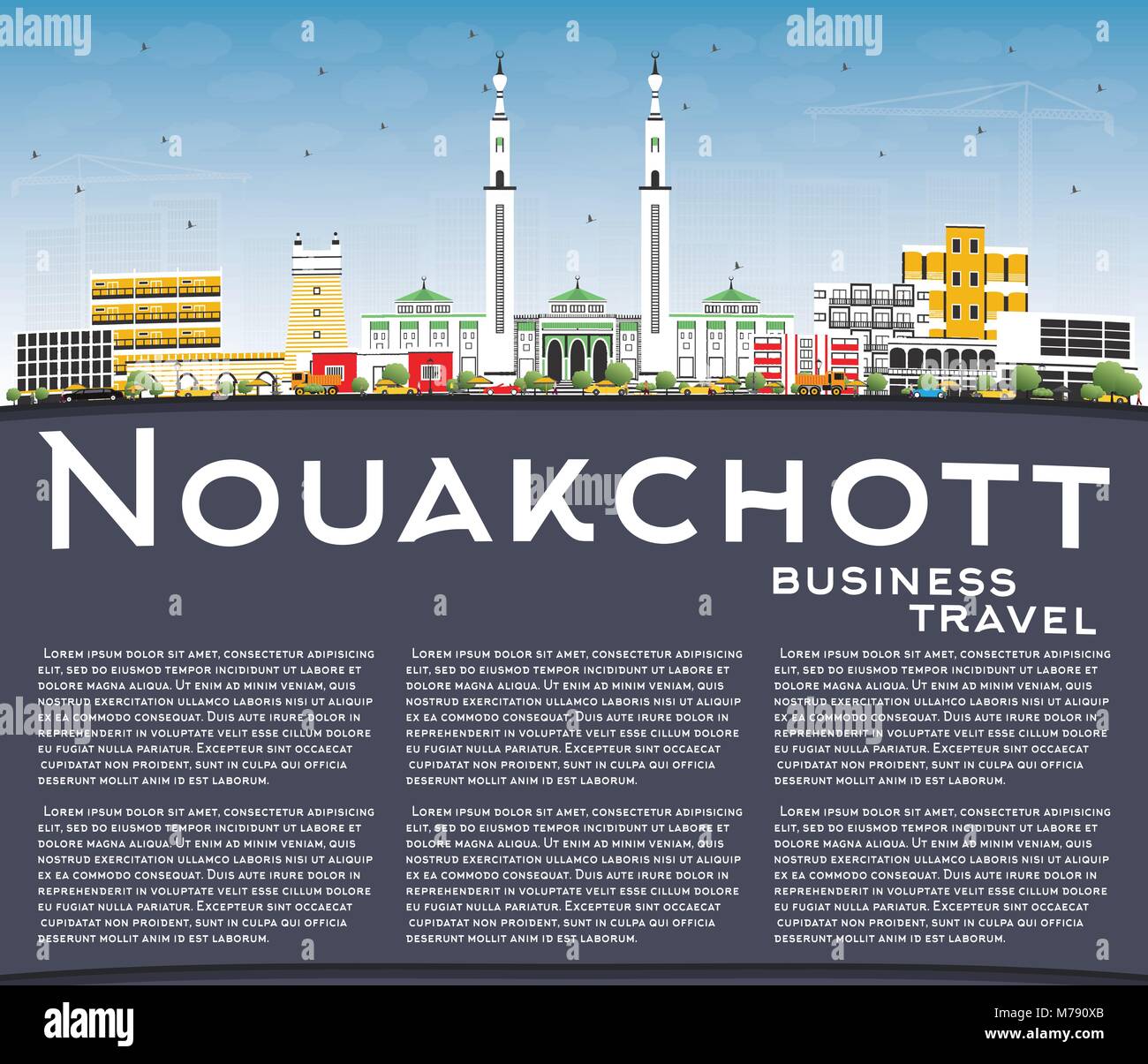 Nouakchott Mauritania City Skyline with Color Buildings, Blue Sky and Copy Space. Vector Illustration. Business Travel and Tourism Concept Stock Vector