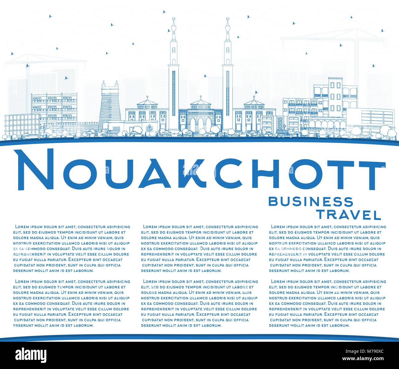 Outline Nouakchott Mauritania City Skyline with Blue Buildings and Copy Space. Vector Illustration. Business Travel and Tourism Concept Stock Vector