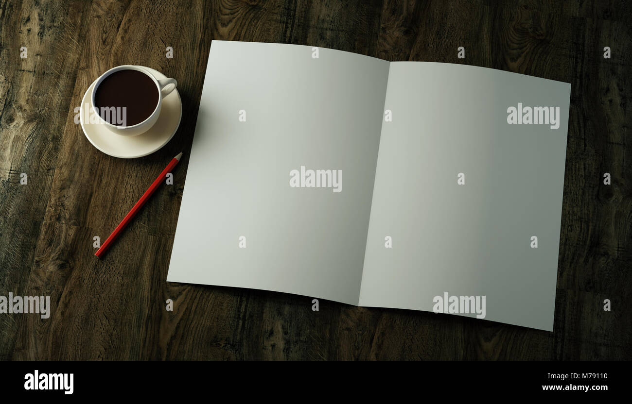 3d render mockup bi-fold double folded vertical blank A4 paper sheet, brochure, leaflet, magazine with a red pencil and a cup of coffee on a dark text Stock Photo